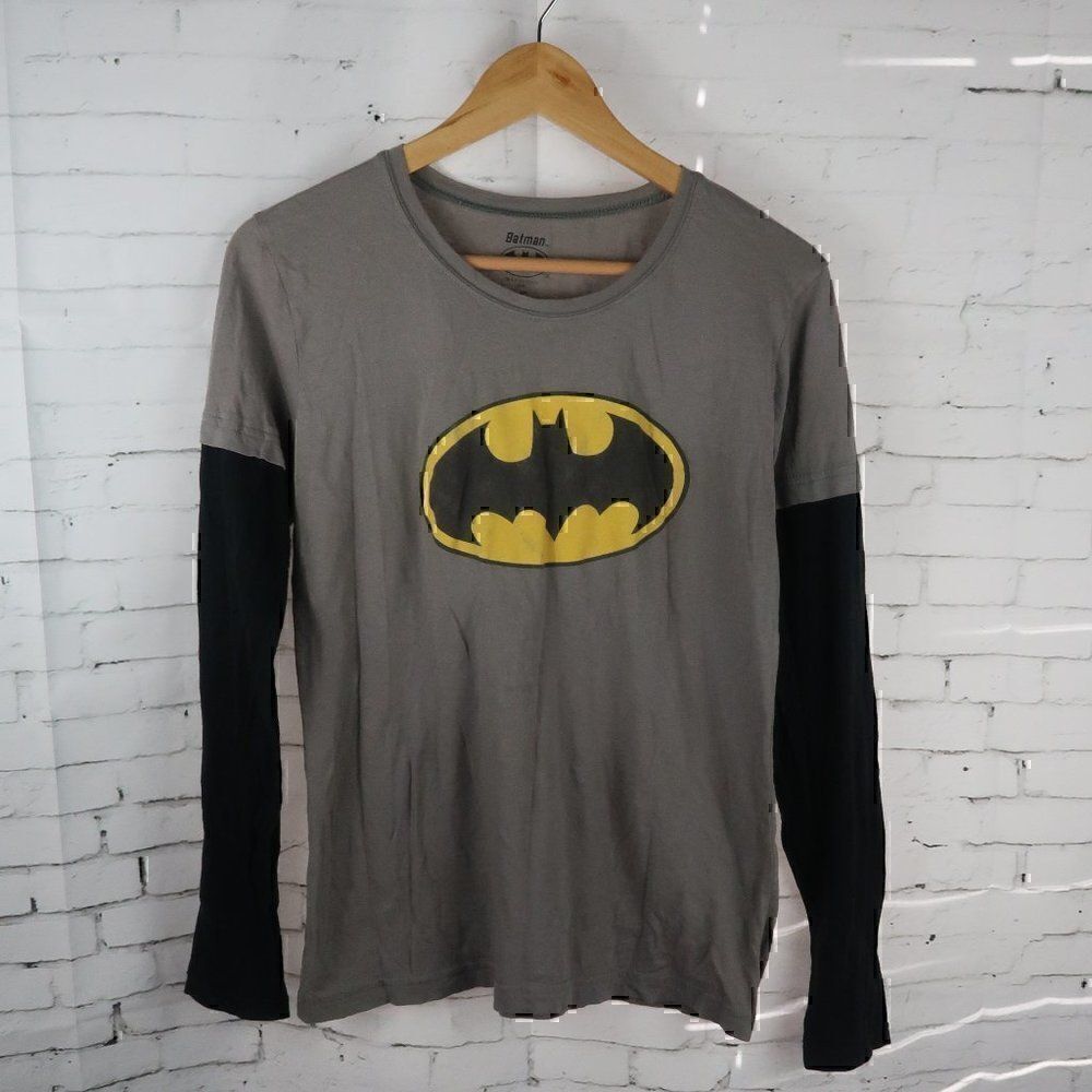 DC COMICS GREY BLACK LONG SLEEVE BATMAN LOGO SHIRT BOYS SIZE LARGE